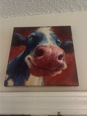 Playful Cow Canvas Wall Art - Red & Blue